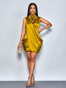 SOLERSUN Váy ngắn xếp ly cổ nhún màu trơn thời trang dành cho nữ - Màu Mù tạt vàng - Xem 3
