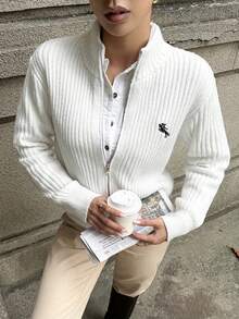 Franclia 女士简约时尚刺绣领毛衣，时尚开衫 - 白色 - 查看 3