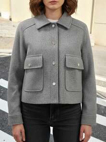 Chamarra ligera de invierno mujer corte corto cuello camisero diseño casual bolsillos al frente botones metálicos ajuste cómodo ideal para uso diario oficina salidas eventos otoño invierno - Gris - Ver 4