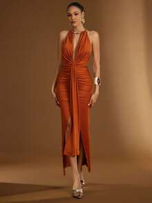 Hauture 金色金属吊带褶皱美人鱼裙摆露背连衣裙，配腰带 - 棕色 - 查看 1