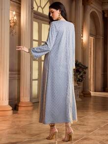 Al Najma Women's Elegant V-Neck Long Sleeve Foil Polka Dot Arabic Style Dress - Blue - View 2