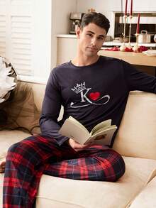 CoupledUp Conjunto de pijama a cuadros con eslogan en forma de corazón para parejas, pijama para hombres, conjunto de pijama, ropa de dormir, conjunto de pijamas a juego para parejas - Multicolor - Ver 2