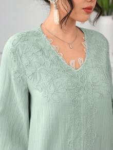 Al Najma 浅绿色V领贴花长袖宽松时尚优雅女式连衣裙 - 薄荷綠 - 查看 3