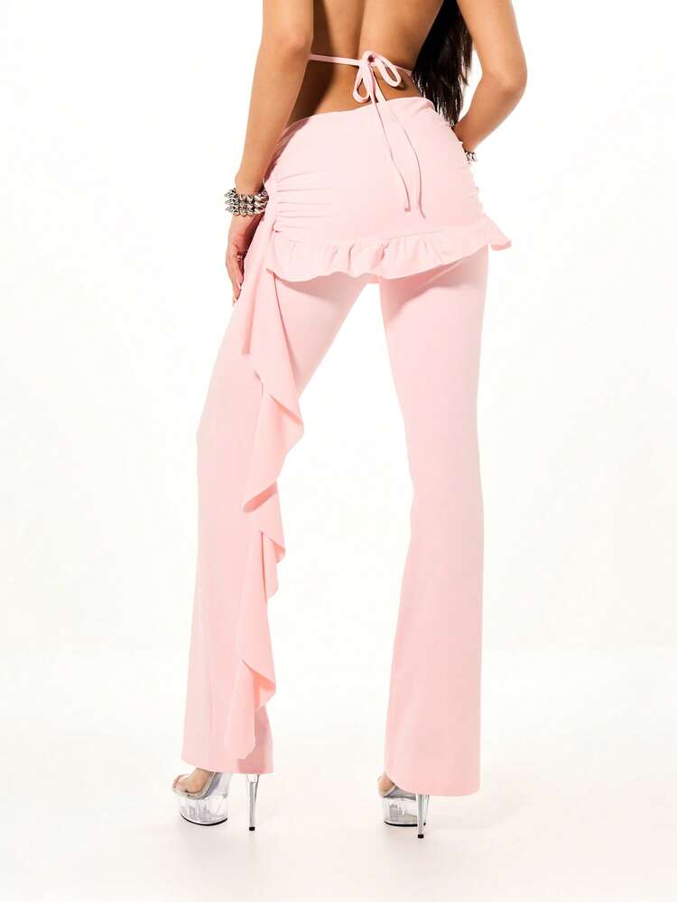 SUMWON WOMEN Pantalon palazzo évasé à taille volantée pour la Saint-Valentin