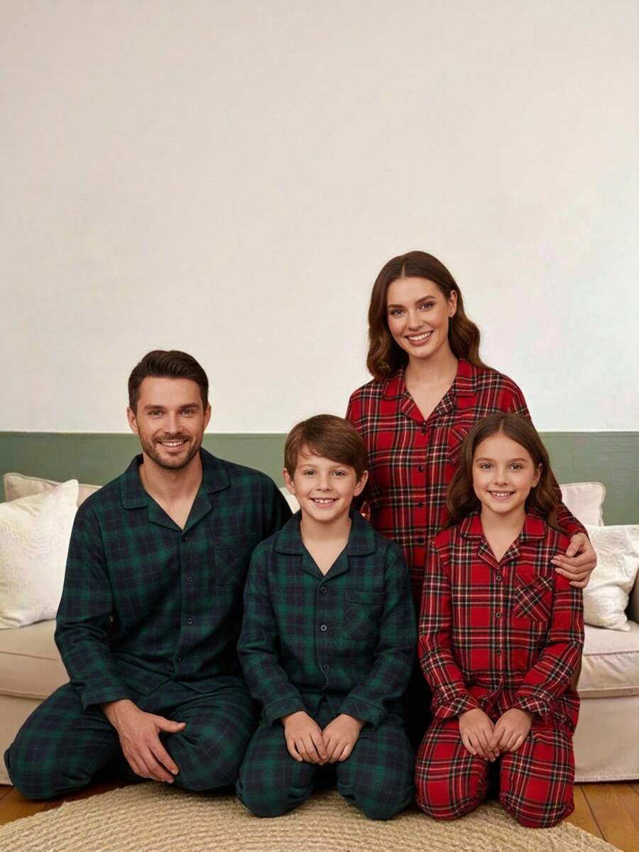 2 件男童休闲经典格子衬衫和裤子套装，长袖家居服 - 綠色 - 查看 1