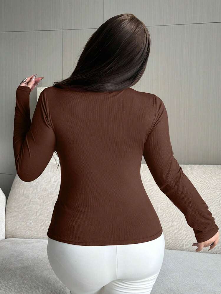 Dazy Plus Plus Size Women Solid Color Tight Fitted Sexy Stretchy Cropped Long Sleeve T-Shirt, Spring/Autumn