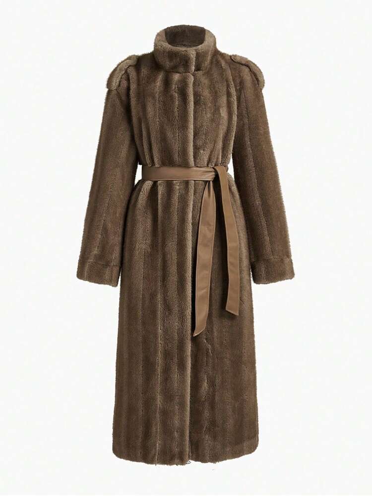 BROWN FAUX FUR LONG COAT WITH STAND COLLAR