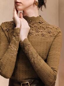 Arave Women's High-Elastic Velvet Lace Knit Fabric, Fitted Design With Structured Shoulders, Hand-Beaded Lace Trim, Elegant Date Top Elegant Fitted Round Neck Lace Long Sleeve Women T-Shirt Blouses For Women Party  Valentine's Day - Mustard Yellow - View 1