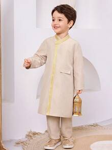 SHEIN 2pcs Kids Boy Casual Versatile Khaki Collared Shirt & Loose Shorts Set, Suitable For School, Garden, Beach, Birthday, Spring/Summer, Long Sleeve Shirt And Pants Set - Khaki - View 6