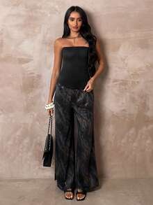 SHEIN Glamour 女士时尚直筒休闲撞色设计裤 - 黑色 - 查看 3