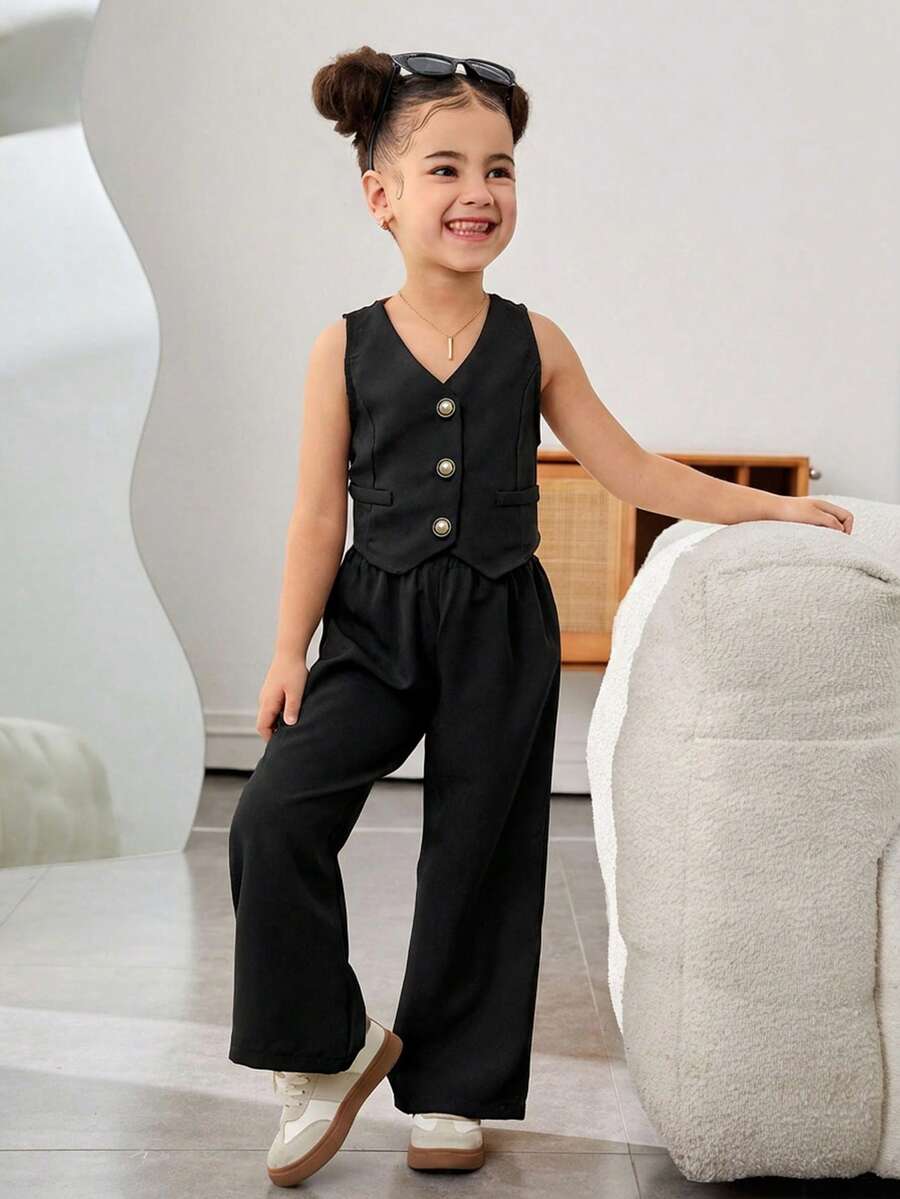 SHEIN Nova Glow Young Girl Casual Spring/Summer Plain Woven Sleeveless Vest And Pants Set