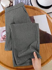 EMERY ROSE Plus Size Women Office Casual Pants With Pockets, Thin Herringbone Fabric - Dark Grey - View 2