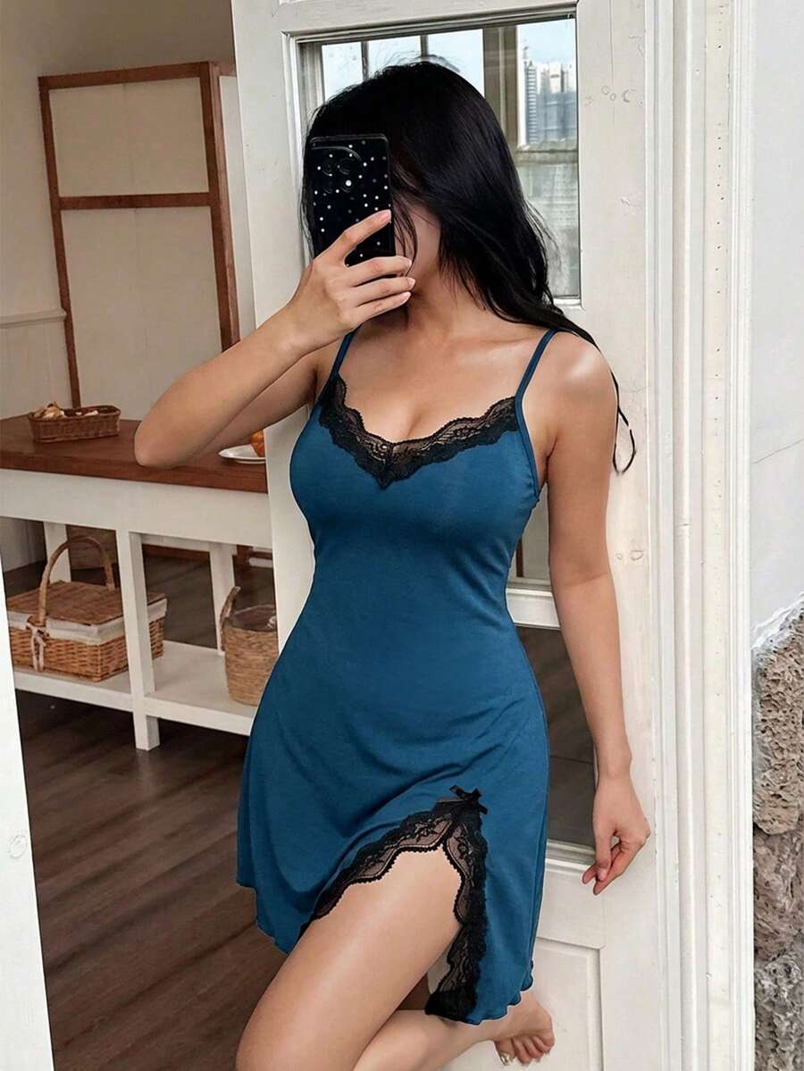 SHEIN 女士性感蕾丝边开衩吊带裙