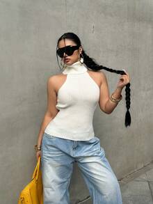 POPSWAY Blusa de cuello alto sin mangas de punto de unicolor, adecuada para primavera, verano y otoño, talla grande - Blanco - Ver 5