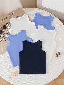 SHEIN 5件套休闲白色针织无袖背心，适合叠穿、外出、休闲穿着、旅行，适合6个月至3岁的男婴。