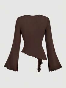 SHEIN MOD 女士休闲纯色V领长袖T恤，秋冬款，休闲女装，棕黑色上衣，复古风，70年代风格，派对上衣，复古裹身款，优雅上衣 - 彩色 - 查看 4