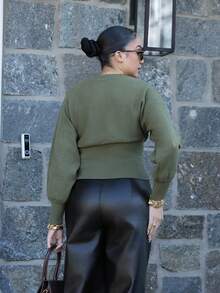 Melissa Matos Casual Round Neck Drawstring Waist Slim Fit Solid Color Knit Sweater, Versatile For Autumn/Winter - Green - View 2