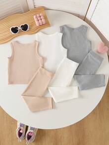 SHEIN Playful Pals 6件組女嬰心形印花螺紋背心與彈性長褲套裝 粉色與白色 夏季休閒可愛 春季戶外運動無袖套裝 - 彩色 - 查看 2