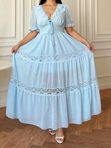 Vibekara Spring, Summer, Fall, Elegant, Vacation French Retro Blue Chiffon Patchwork Lace Trim Tea Length Dress, V-Neck Puff Sleeve Waist Cinched Irregular Hem Party Dress - Blue - View 4