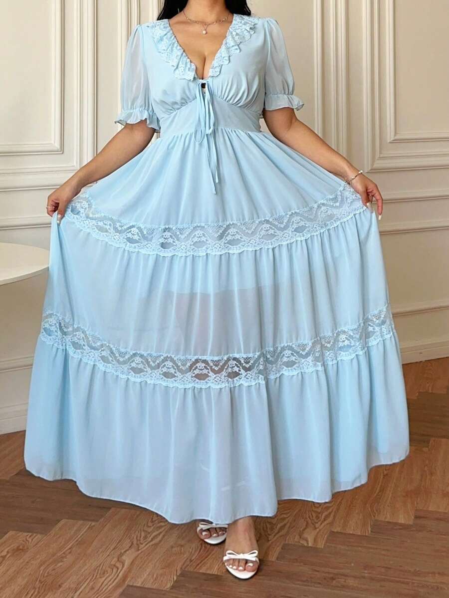 Vibekara Spring, Summer, Fall, Elegant, Vacation French Retro Blue Chiffon Patchwork Lace Trim Tea Length Dress, V-Neck Puff Sleeve Waist Cinched Irregular Hem Party Dress - Blue - View 1