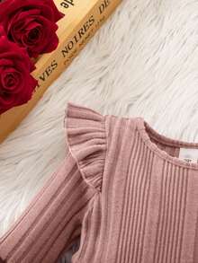 女婴可爱优雅针织休闲红色长袖连衣裙 - 粉色 - 查看 5