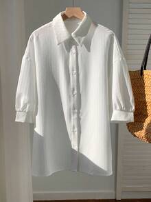 SHEIN EZwear Linen Solid Drop Shoulder Button Front Beach Shirt - White - View 3