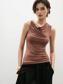ATUI Studio Women's Coffee Brown Summer Elegant Brunch Knitted Tops,Roman Goddess Asymmetric Collar Pleated Metal Decoration High Elastic Concert Tops - Chocolate Brown - View 3