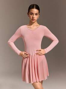 SHEIN Teen Girls Long Sleeve Pink Ballet Dance Dress, Round Neck With Ruched Front Design, Cute Bow Back Design, Soft & Lightweight Mesh Skirt With Snap Crotch, High Stretch & Skin-Friendly, Suitable For Dance, Yoga & Activewear