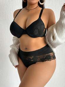 2件套加大码女士蕾丝拼接钢圈文胸内裤套装，紫色 - 黑色 - 查看 4