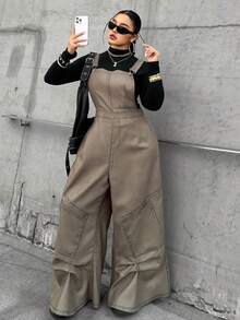 POPSWAY 大码女士休闲连体裤，带口袋、松紧腰带、交叉绑带、牛仔印花、军绿色，适合春夏假期穿着 - 軍綠色 - 查看 3