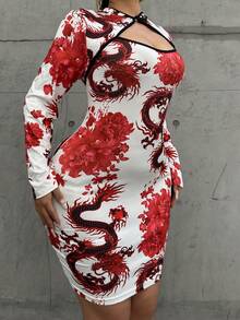 Sunspun Elegant Y2K Chinese Style Dragon Print Slim Fit Knee-Length Cheongsam Dress, Plus Size, Red Chinese Outfit Women Red And White Dress Women Asian Inspired Apparel Dragon Print Dress - Multicolor - View 6