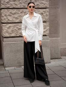 Ontre 简约舒适都市时尚风格，宽松版型，系带前襟，长袖，象牙白，女士衬衫，女士上衣，四季皆宜，适合返校、商务休闲、通勤等场合，2026春夏新品 - 白色 - 查看 2