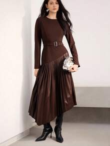 Heiryn Vestido plisado de patchwork que estiliza la cintura, al estilo coreano, para uso diario en otoño/invierno - Café integral - Ver 3