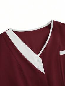 TaskEZ 2pcs White & Red Splice Casual V-Neck Short Sleeve Top And Pants Uniform Set, Cleaning Service Uniform Set - Burgundy - View 3