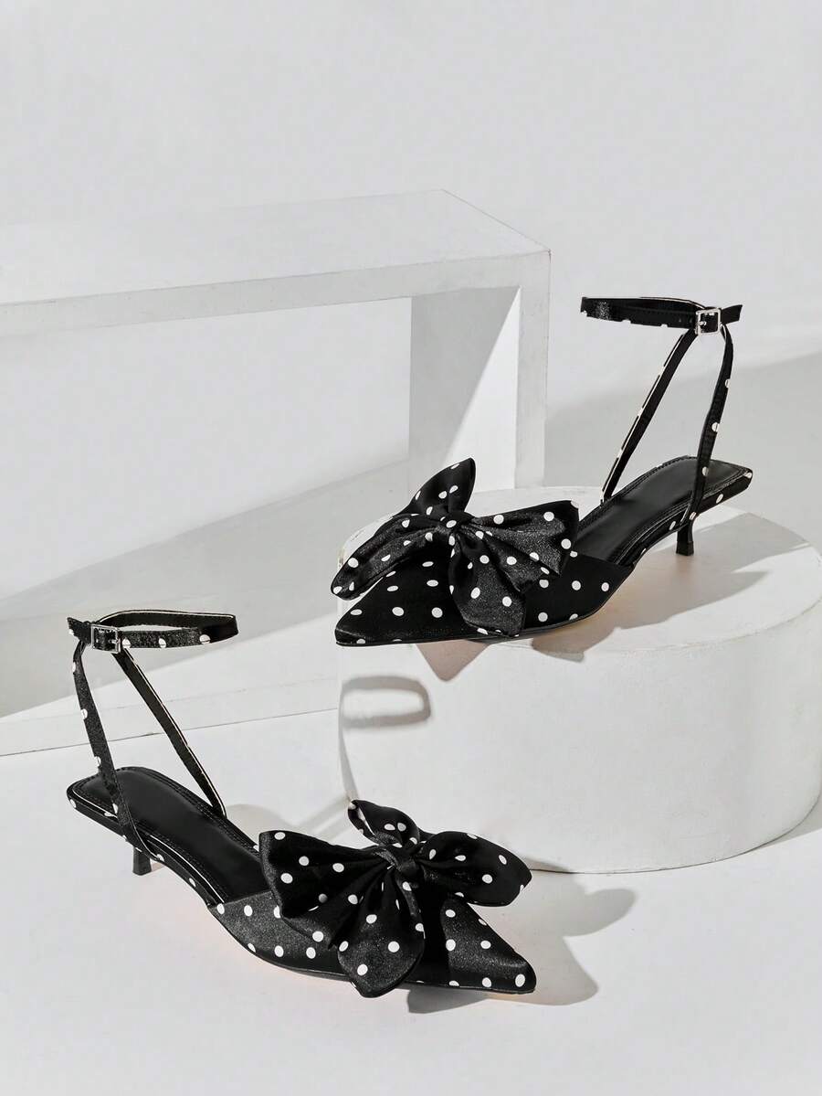 SHUZIA 女士时尚性感尖头踝带小猫跟波点高跟鞋 - 黑色 - 查看 1