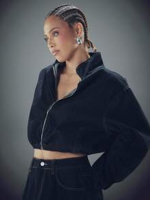 Denimoi High Neck Zip Front Barrel Sleeve Cinched Waist Denim Jacket Denim Cropped Jacket Fashion Denim - Dark Wash - View 6