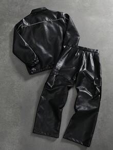 Manfinity LEGND Men's Casual Fashion Street Embroidered Letter Pattern Zip-Up PU Leather Jacket, Autumn Mens Leather Jacket Mens Gothic Clothes Mens Cargo Pants Leather Tracksuit Men Y2k Tracksuit Men - Black - View 2