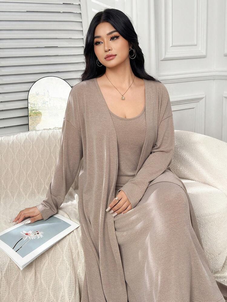 Dazy Plus 2pcs/Set Casual Solid Color Loungewear, Loose Fit Long Sleeve Cardigan And Long Sleeveless Nightgown, Plus Size Women Spring/Autumn Pajama Set