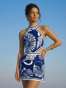 CAJUNI 女士藏蓝色贝壳印花迷你连衣裙 | 柔软轻盈面料，高领露背设计，无袖，修身直筒廓形，腰部镂空，露背双条纹蝴蝶结，航海元素，度假风，浪漫性感夏日风格，沙滩裙，休闲夏日假日