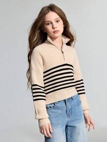 Ontre 少女宽松条纹拉链落肩休闲毛衣 - 杏色 - 查看 5