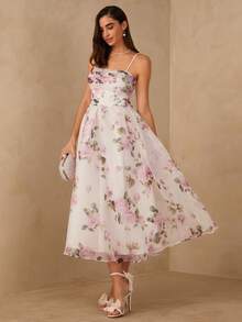 Enchnt 女士印花优雅吊带中长连衣裙 - 白色 - 查看 6