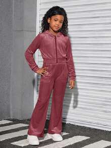 SHEIN Tween Girls' Velvet Hoodie And Sweatpants Set, Casual Sportswear - Dusty Pink - View 11