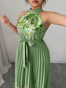 SHEIN Elenzya Đầm xếp ly cổ yếm in hoa thanh lịch cỡ lớn - màu xanh lá - Xem 5