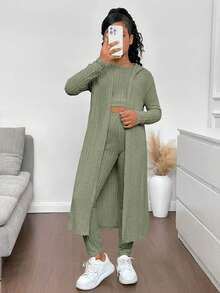 SHEIN 3pcs/Set Tween Girls Long Jacket + Vest + Leggings, Casual Versatile Fashion Outfit - Army Green - View 6