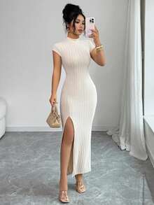 Elenzga Vestido casual y elegante para mujer, con cuello alto, manga raglán, acanalado, con cintura y abertura lateral - Albaricoque - Ver 5