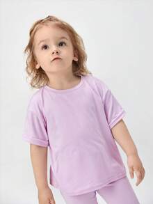 SHEIN Young Girl Casual Solid Color Drop Shoulder Round Neck T-Shirt And Leggings Set - Lilac Purple - View 5