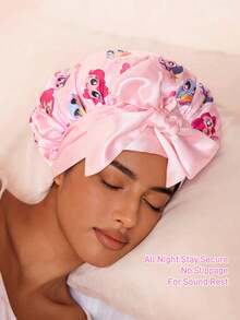 My Little Pony X SHEIN 升级版双层粉色女士护发帽，宽弹力缎面卡通印花睡眠帽，柔软舒适，适合日常居家、睡眠，系带设计 - 粉色 - 查看 5