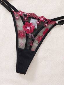 2件套女士花卉刺绣薄纱钢圈文胸内裤套装，浪漫内衣，黑色 - 黑色 - 查看 5