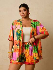 Travachic Plus Size Tropical Print Top And Shorts 2 Pieces Set, Casual Holiday Outfit - Multicolor - View 7