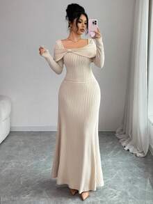 Selianne New Autumn/Winter Women's Fuzzy Ribbed Bow Collar Elegant Long Dress - Apricot - View 8